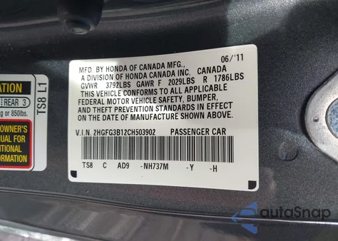 2012 Honda Civic Ex-L из США, поврежденный, VIN 2HGFG3B12CH503902